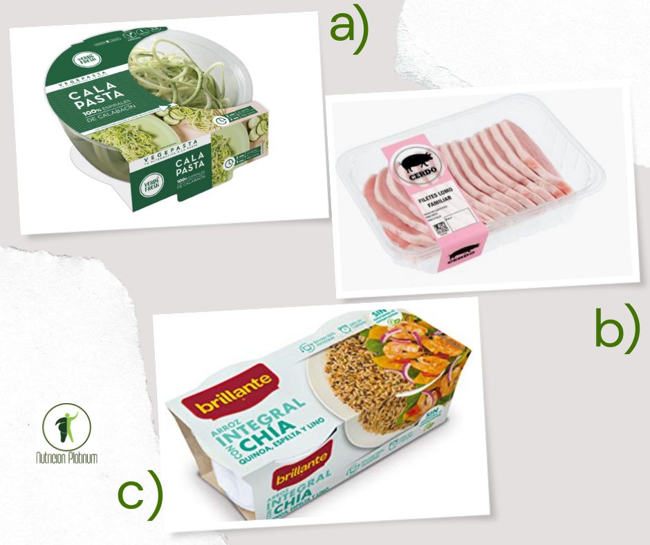 Espaguetis de calabacín con lomos de cerdo y arroz integral con chia.